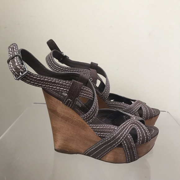 MIU MIU Strappy Leather Platform Wedge Heel Sandals Stitch Wood Ankle Strap Shoe - Picture 4 of 16